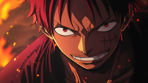 Close-up anime character with red lighting and flames.