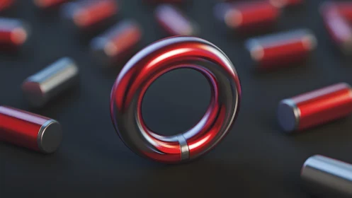 Chromed red torus magnet floats amid soft cylinders.