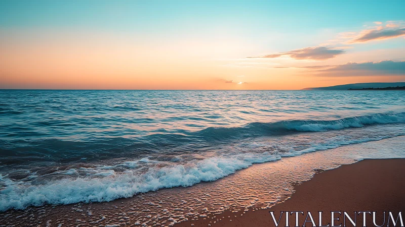 Sunset waves roll onto a tranquil shoreline in vivid color