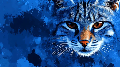 Blue Digital Feline Portrait with Amber Eyes and Textured Background