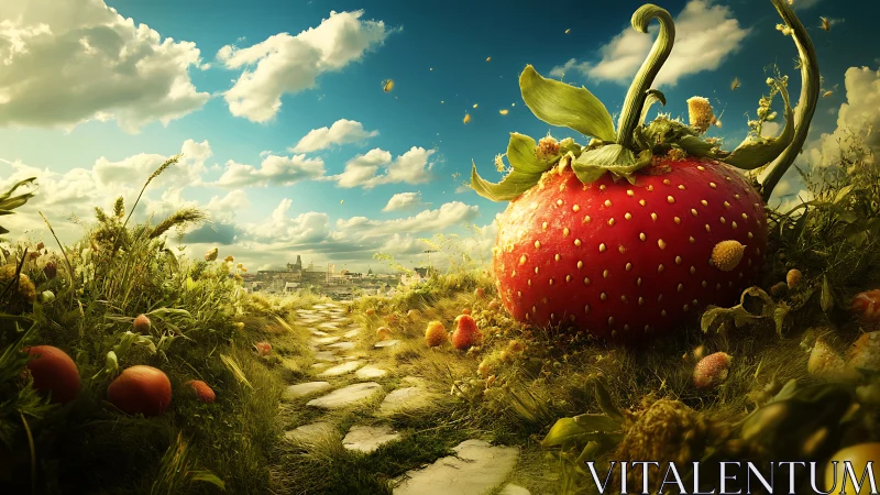 Colossal strawberry landscape under luminous summer sky.