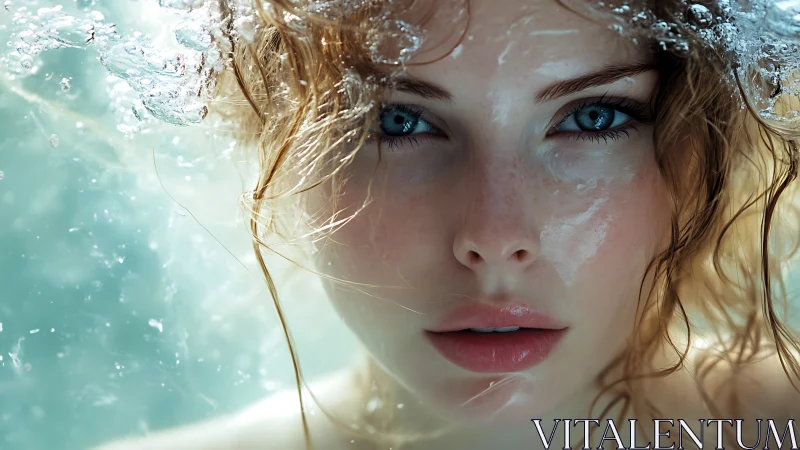 Underwater portrait captures intense blue gaze, dew-lit skin.