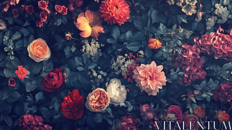 Lush Floral Garden Overhead View with Roses and Dahlias