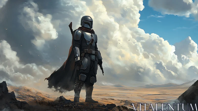 Armored desert sentinel under volumetric storm cloud mass.