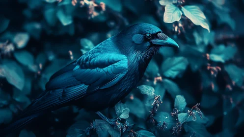 Blue-toned Bird Perched on Crystalline Botanical Structure.