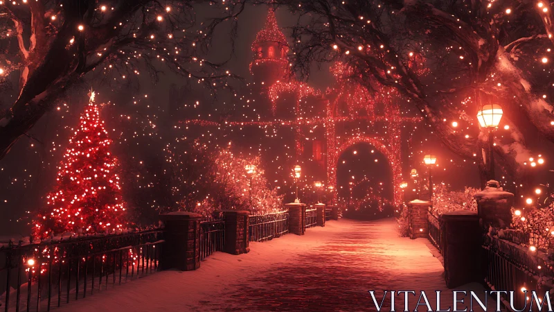 Snowy Christmas walkway glows with gentle red holiday lights