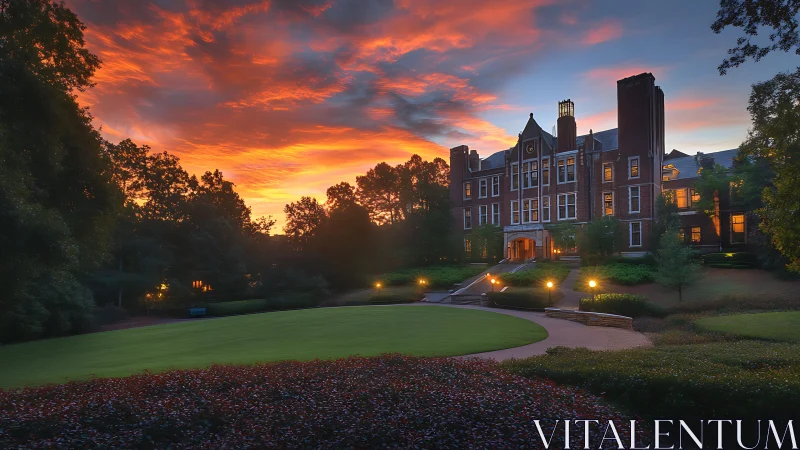 Sunset sky ignites above historic campus building facade.