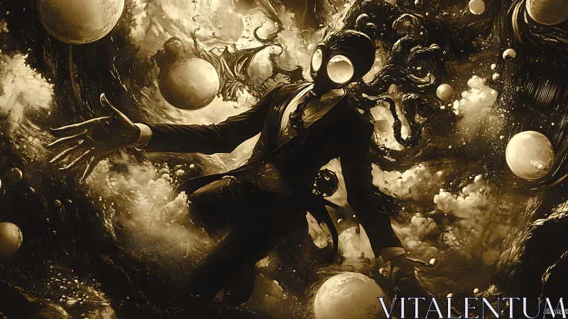 Gas-masked figure drifts through cosmic tentacled void.