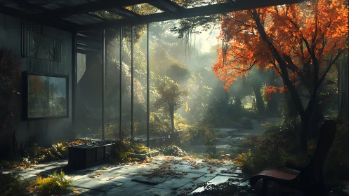 Posthuman atrium reclaimed by autumnal forest light interplay.