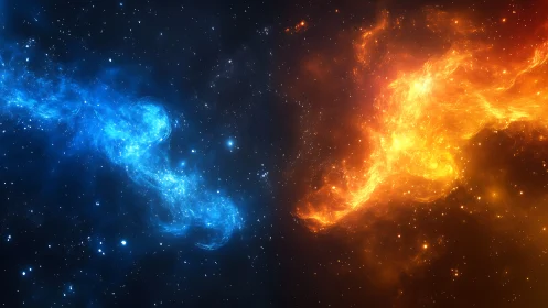 Cosmic blue and orange nebulae drift in a quiet stellar dance