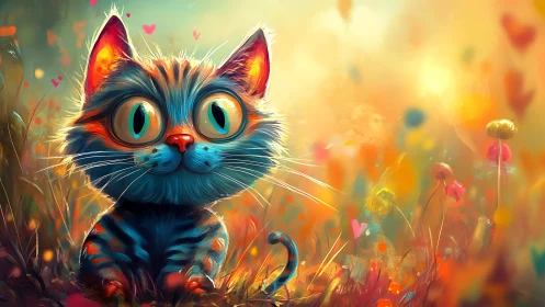 Vibrant Cat Portrait in Dreamlike Flower Field