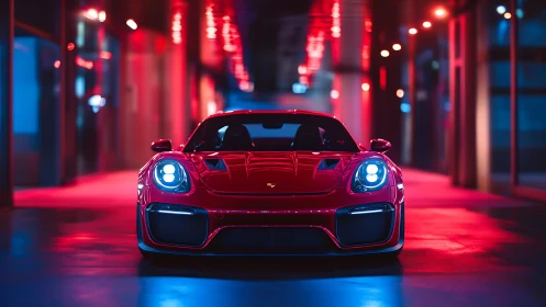 Red sports coupe under neon corridor lighting at night.
