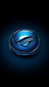 Gleaming blue tech emblem glows softly against deep black