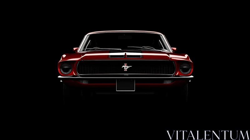 Classic red muscle car front view in dramatic low key lighting.