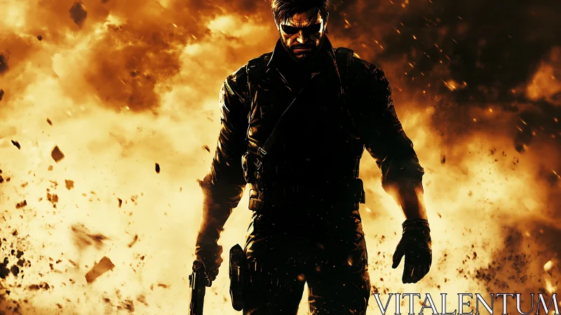 Armed tactical figure silhouetted against fiery explosion.
