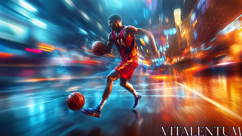 Basketball player sprinting on neon city court at night.