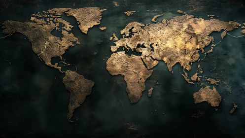 Textured brass world map on dark teal patina background.