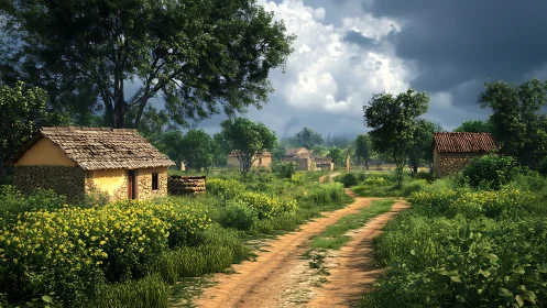 Sunlit village path winding through wild green meadows.