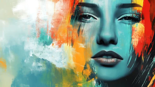 Digital portrait of female face amid abstract color fields.