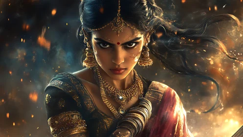 Warrior goddess portrait in ornate gold jewelry and embers.