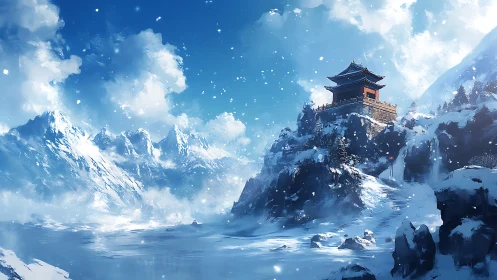Mountain temple fortress in luminous high-altitude blizzard