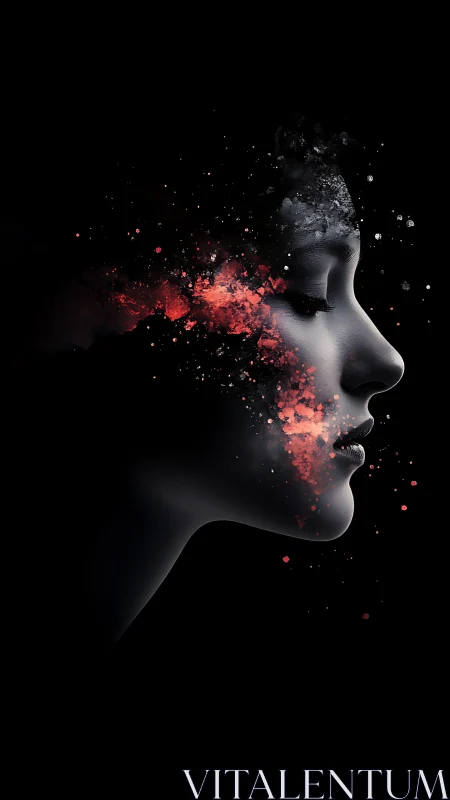 Digital profile portrait with dissolving cosmic pigments.