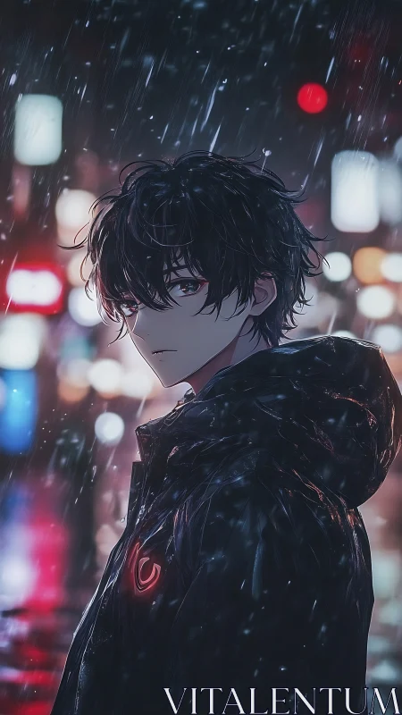 Young figure stands in rainy urban street with blurred lights