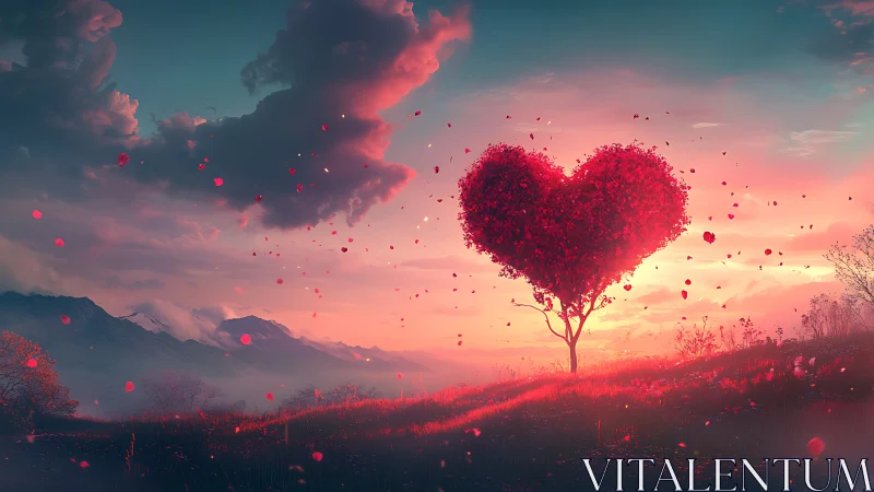 Heart-shaped tree against sunset landscape with floating particles