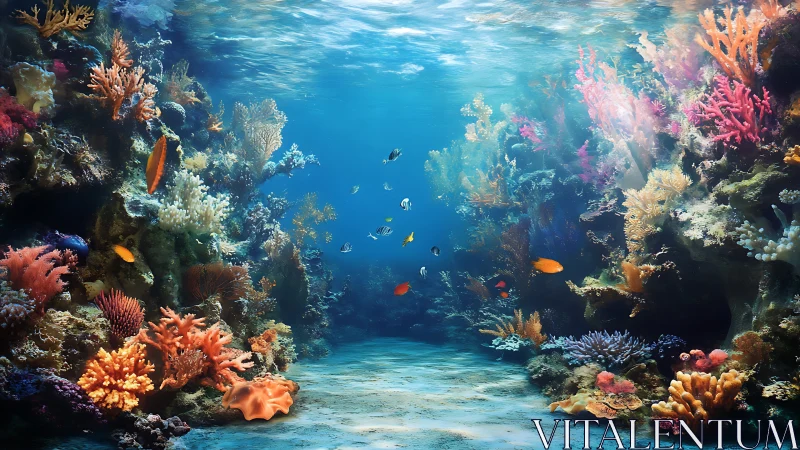 Underwater coral reef corridor displays diverse marine life