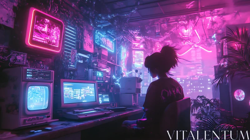 Neon-drenched coder conducts midnight magic in a pink storm