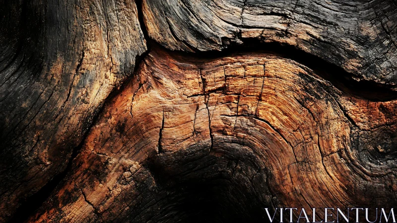 Close-up of weathered tree trunk with rich textures and earthy tones.