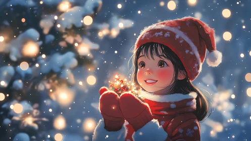 Snowlit child cradles sparkling Christmas magic in mittened hands.