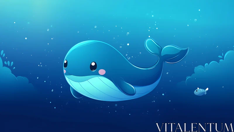 Cartoon blue whale glides through stylized luminous seascape