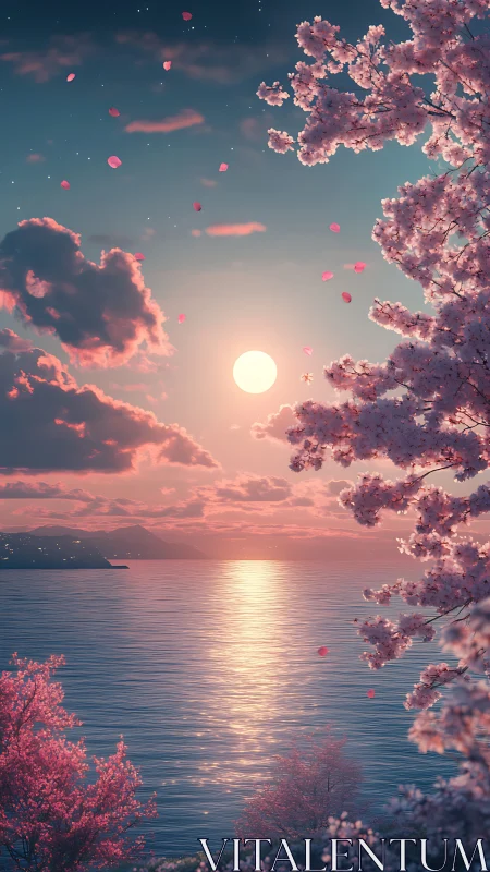 Lunar-lit sakura coast with falling petals over calm sea.