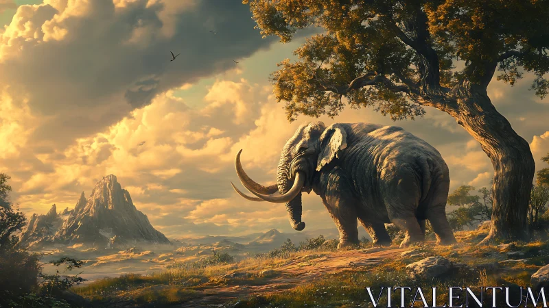 Sunlit titan elephant wandering beneath an ancient dreaming tree.