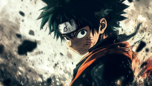 Anime-style boy with headband stands in debris-filled scene