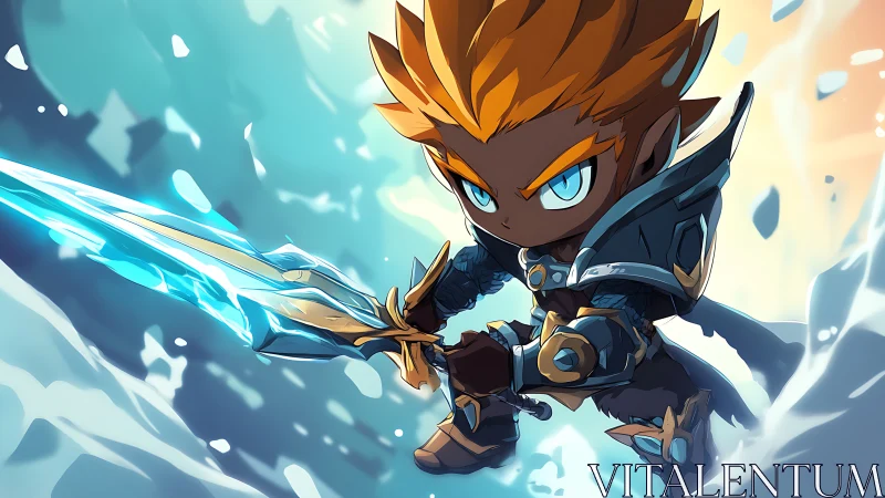 Fiery eyed chibi swordsman carves lightning through ice skies.