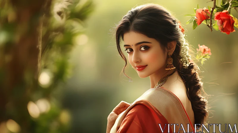 Elegant woman in traditional attire with floral background, soft light.