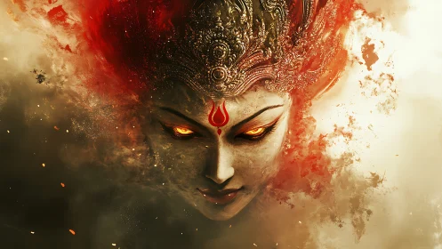 Fiery goddess gaze emerging from swirling sacred smoke.