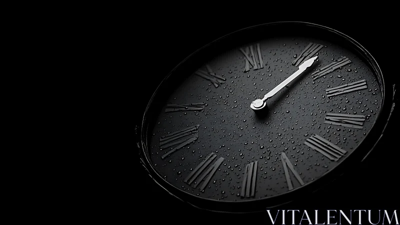 Wet black roman numeral clock face isolates in dramatic contrast