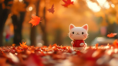 Ceramic Cat Figure in Autumn Forest With Falling Leaves.