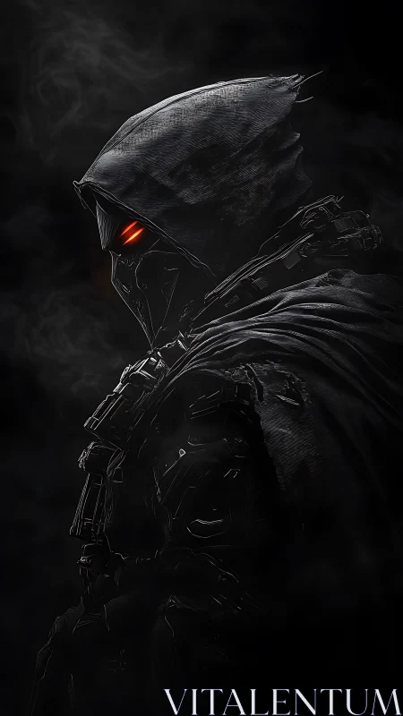 Cybernetic hooded wraith in profile with glowing red visor