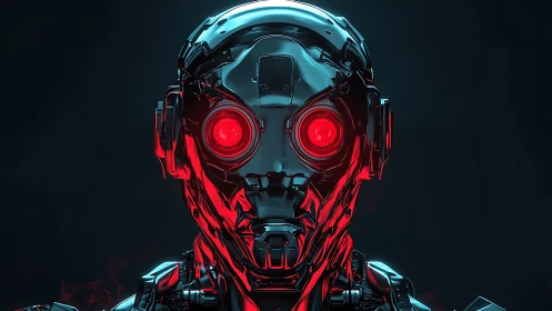 Chromed humanoid android head rendered with glossy red rim lighting