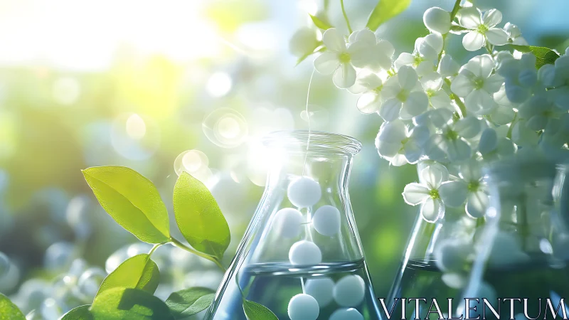 Laboratory glass beakers merge with botanical blooms in daylight