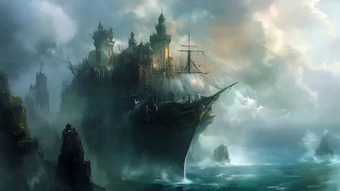 Steampunk Airship Castle Suspended Over Misty Ocean