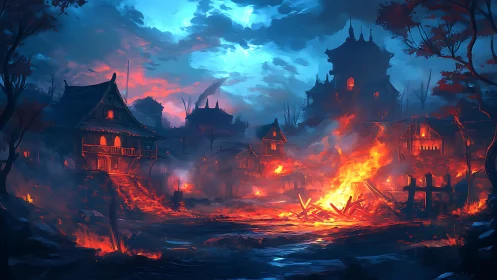 Burning Fantasy Citadel at Dusk with Infernal Flames.
