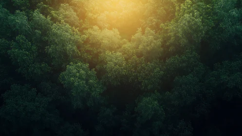 Aerial forest canopy with directional sunlight penetration.