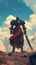 Armored knight stands victorious under sweeping skies.