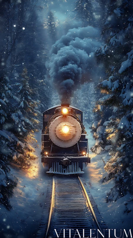Steam locomotive moves through dense snowy forest at night