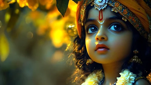 Child in ornate attire under warm golden light.
